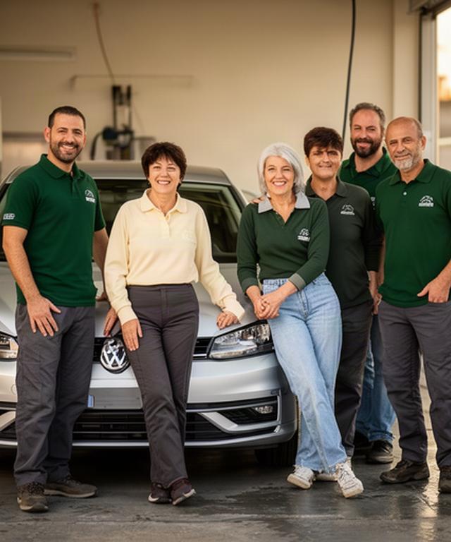Team dell’autolavaggio familiare riunito accanto a un’automobile pulita a Porto Viro