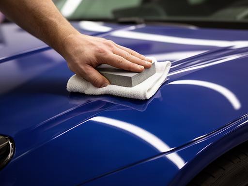 Applicazione di protezione ceramica sulla vernice blu di un’auto