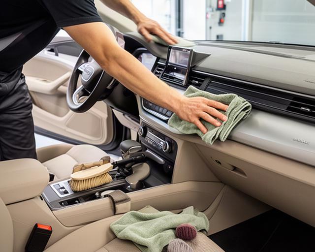 Pulizia dei sedili e del cruscotto di un automobile con strumenti professionali