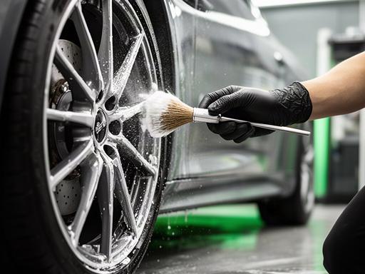 Lavaggio manuale del cerchio di un’auto sportiva con pennello