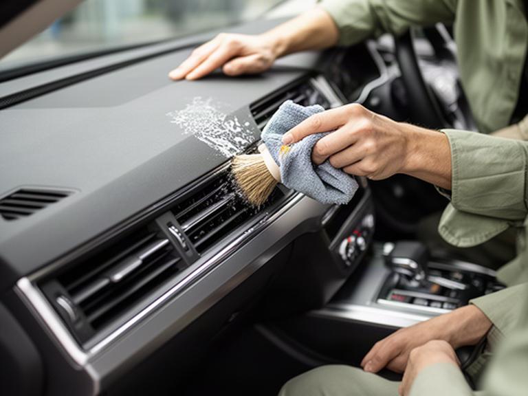 Operatore che pulisce il cruscotto di un automobile con attenzione ai dettagli