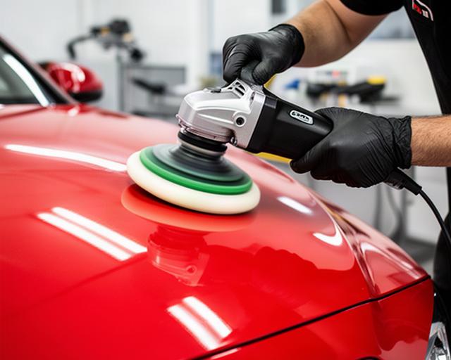 Lucidatura con tampone professionale sul cofano rosso di un’automobile
